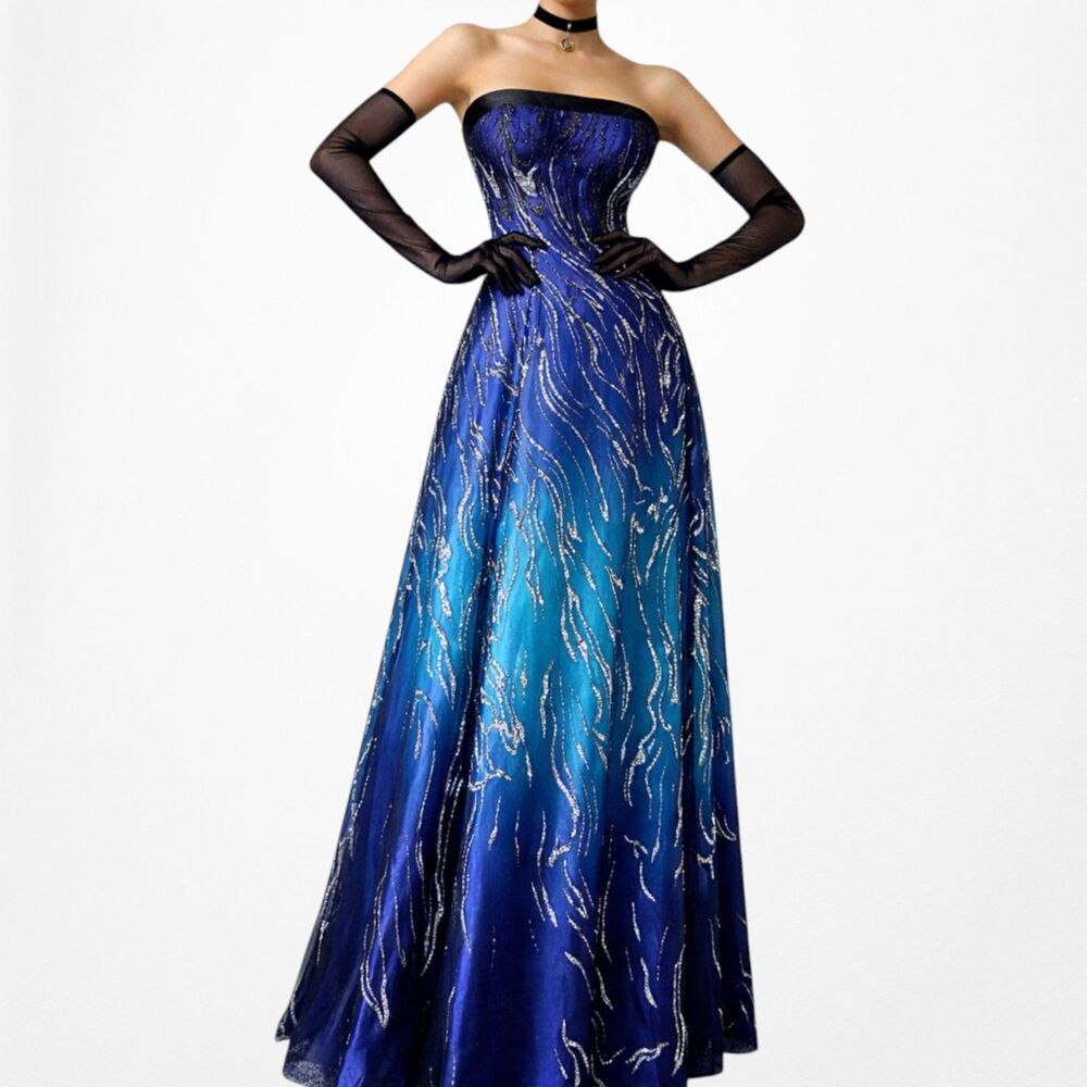 Vintage Y2K Blue Strapless Satin Mesh Ombre Fit Flared Maxi Prom Dress Size XS